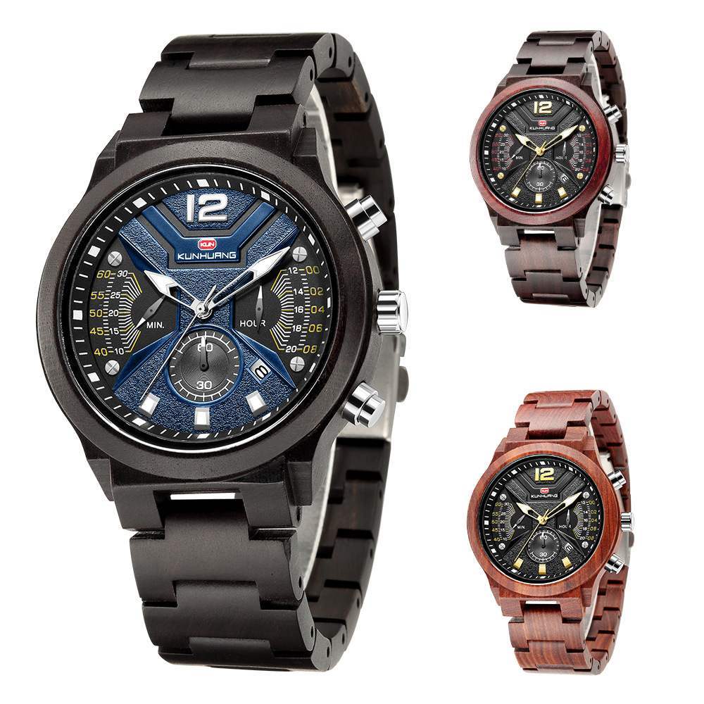 Reloj de madera de cuarzo deportivo de moda con cronógrafo funcional
