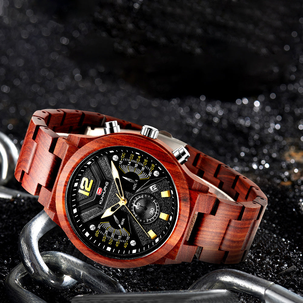Reloj de madera de cuarzo deportivo de moda con cronógrafo funcional