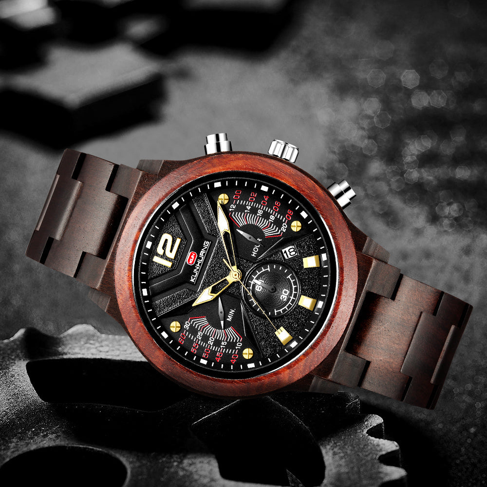 Reloj de madera de cuarzo deportivo de moda con cronógrafo funcional