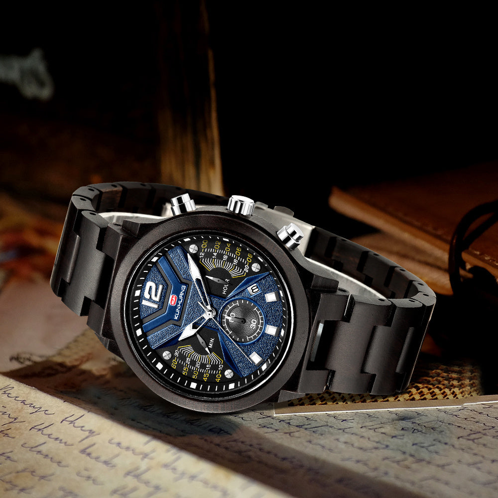 Reloj de madera de cuarzo deportivo de moda con cronógrafo funcional