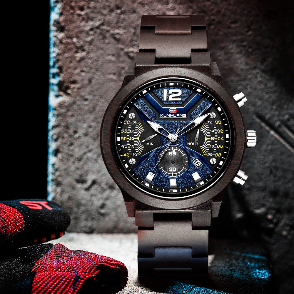 Reloj de madera de cuarzo deportivo de moda con cronógrafo funcional