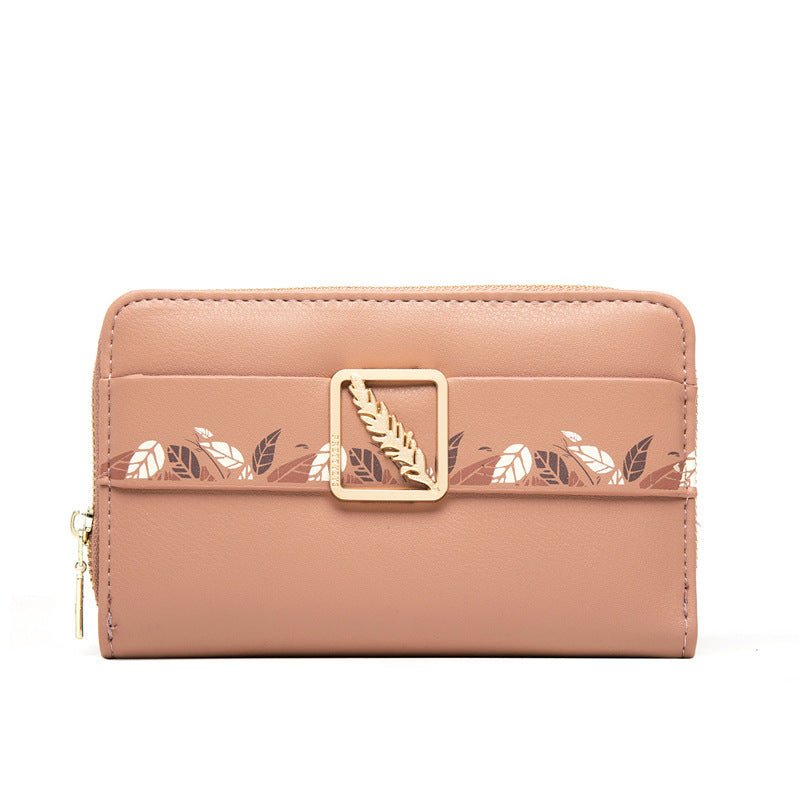 Cartera de cuero con clip para dinero con estampado de botones a presión para mujer