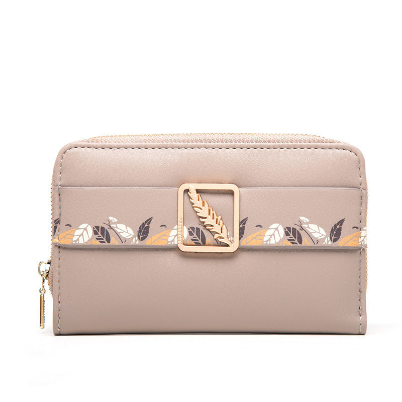 Cartera de cuero con clip para dinero con estampado de botones a presión para mujer