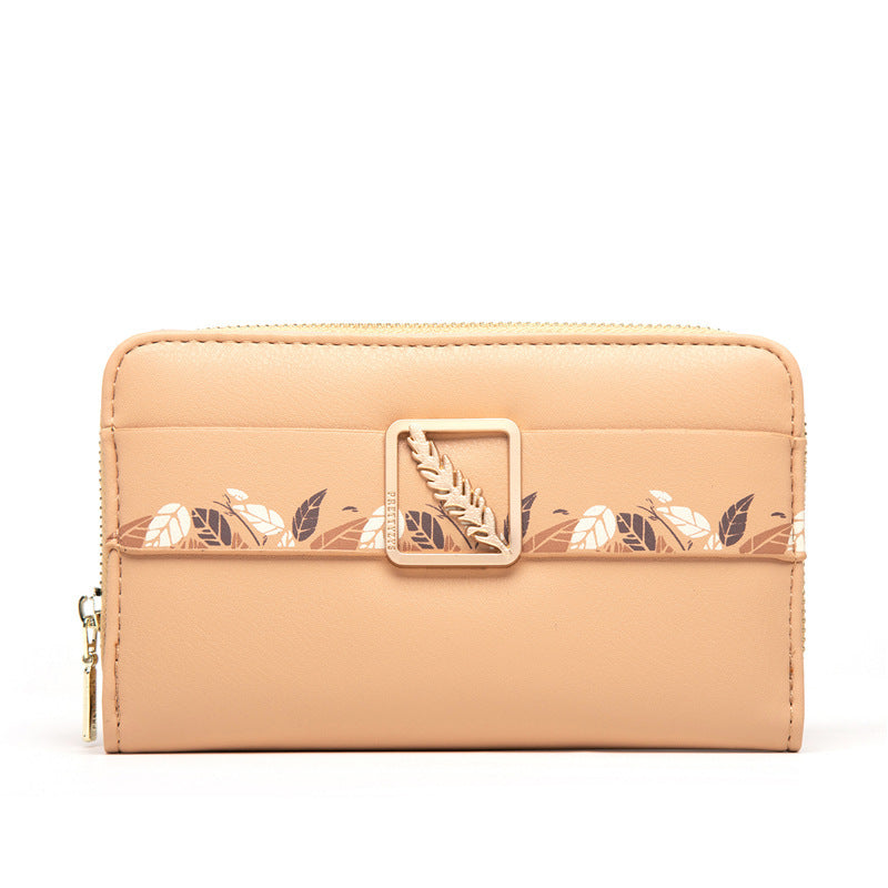 Cartera de cuero con clip para dinero con estampado de botones a presión para mujer
