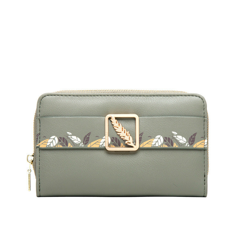 Cartera de cuero con clip para dinero con estampado de botones a presión para mujer