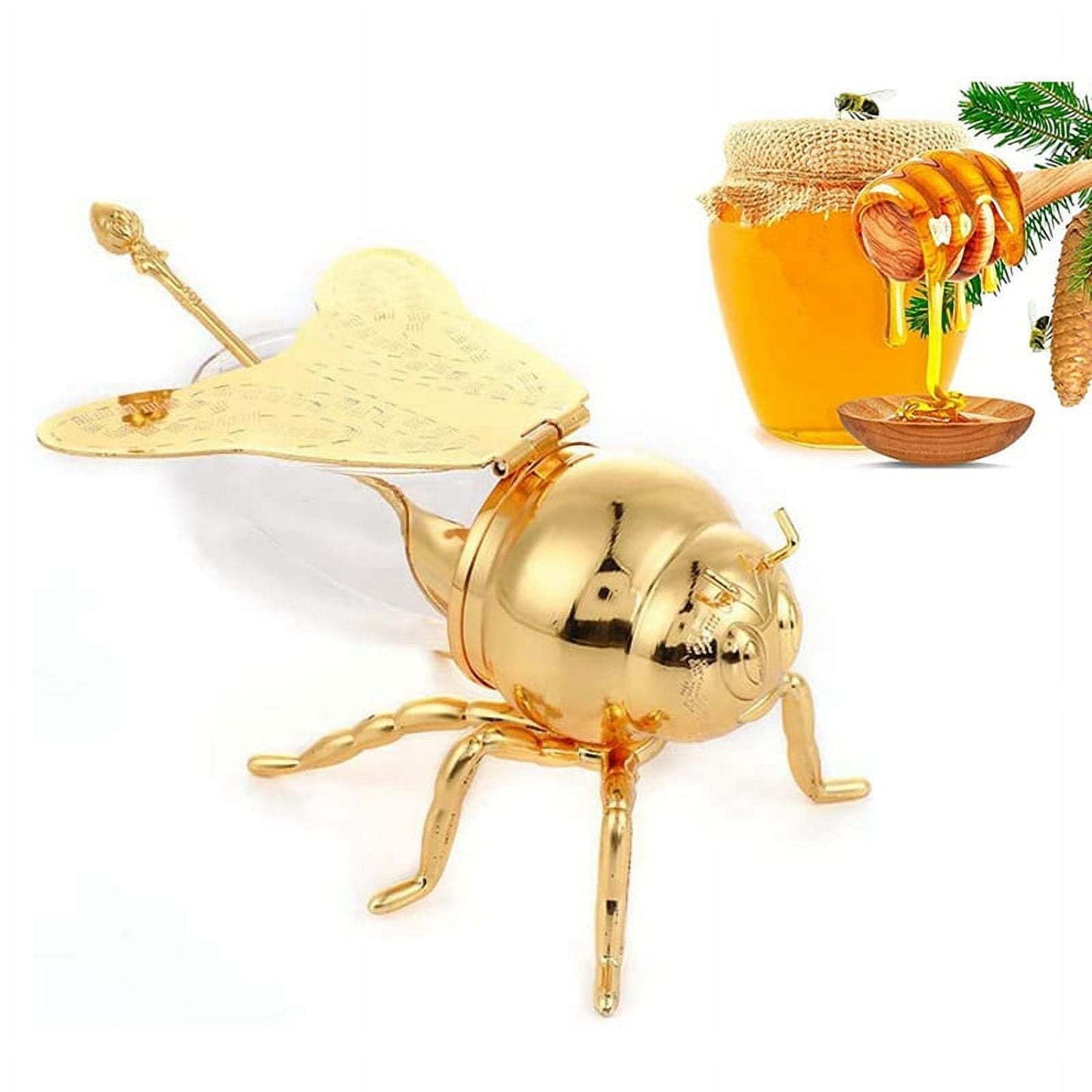 Tarro de miel con forma de abeja y cuchara, versátil y novedoso, ideal para condimentos, aceite, fiestas y utensilios de cocina.