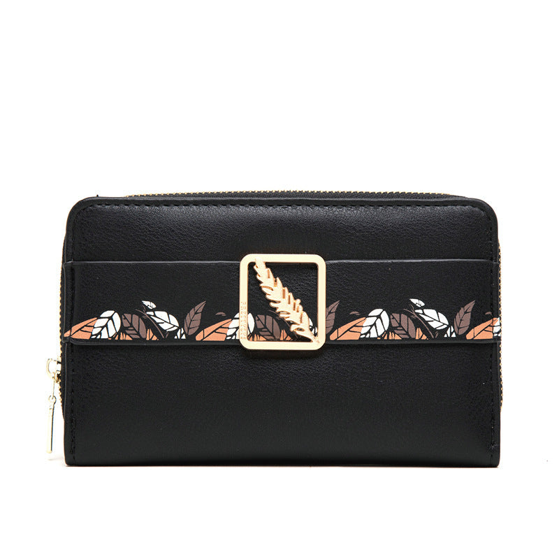 Cartera de cuero con clip para dinero con estampado de botones a presión para mujer