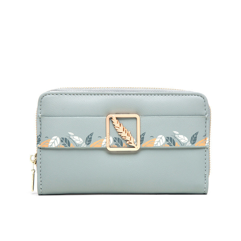 Cartera de cuero con clip para dinero con estampado de botones a presión para mujer
