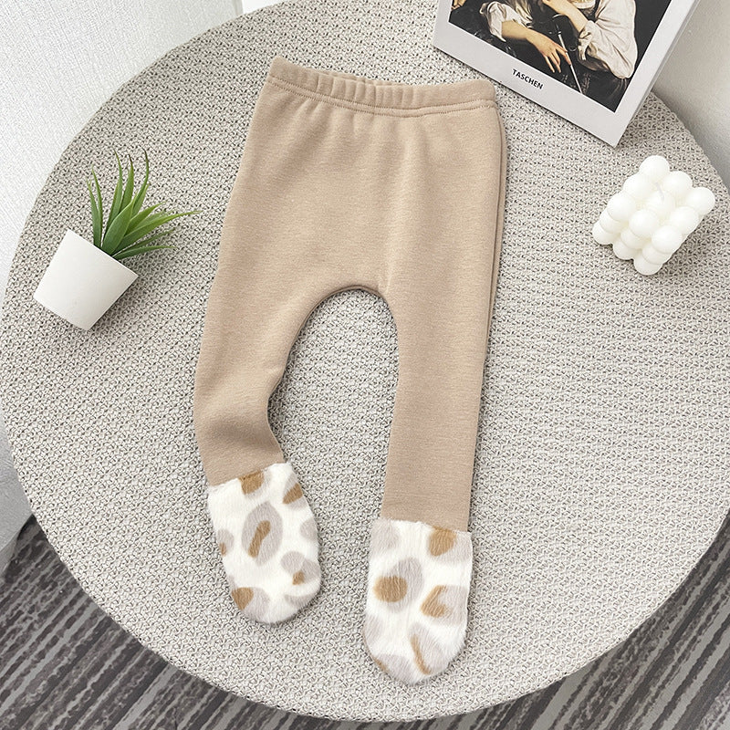 Autumn and winter baby baby can leopard print stitching plus velvet leggings cotton all-match pantyhose