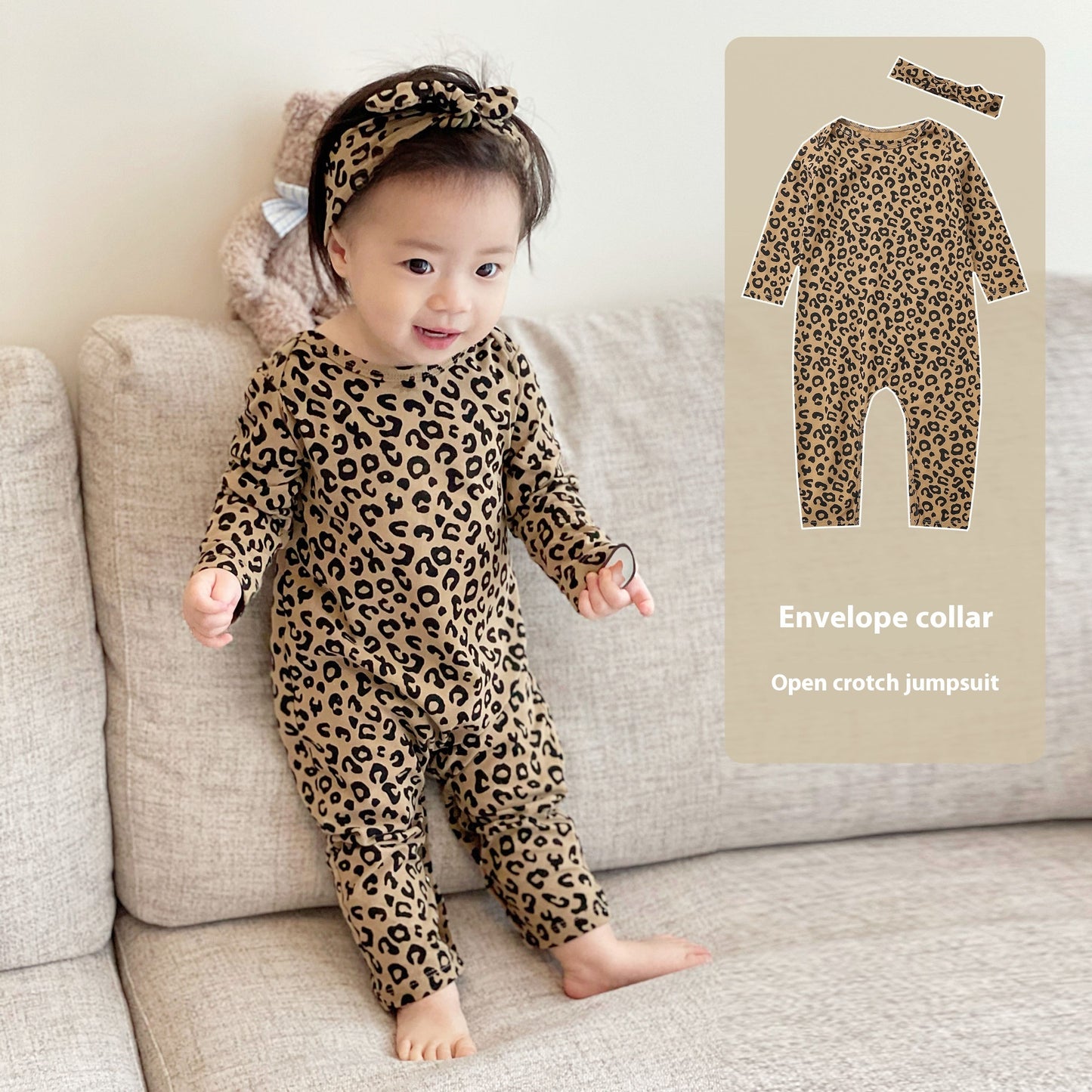 Baby Leopard Print Cotton Long-sleeved Jumpsuit Open-end Romper