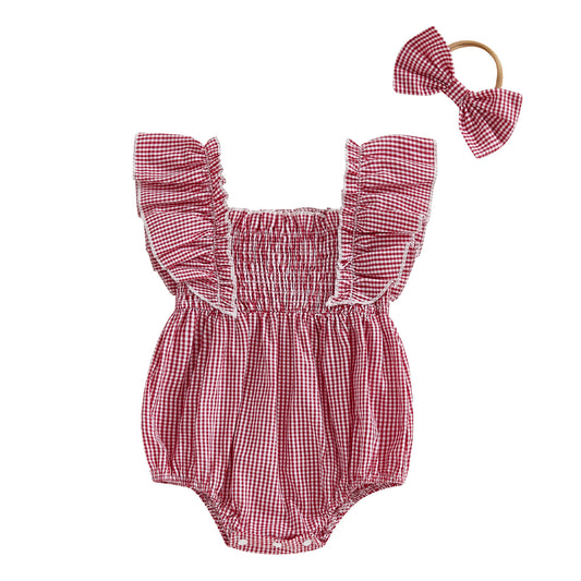 Baby Girl Red Plaid Flying Sleeve Romper