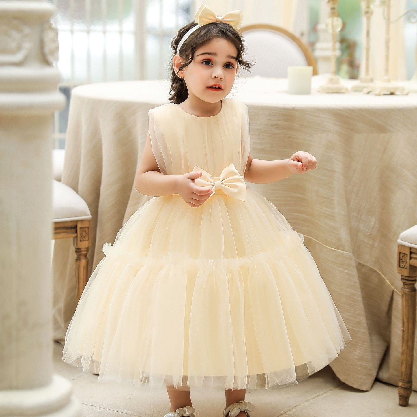 Children's mesh dress princess dress baby fluffy dress baby one year old wedding dress evening dress