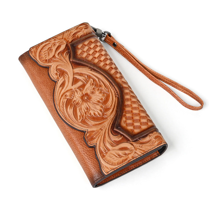 Chinese Style Embossed Wallet Top Layer Long Cowhide Fashion