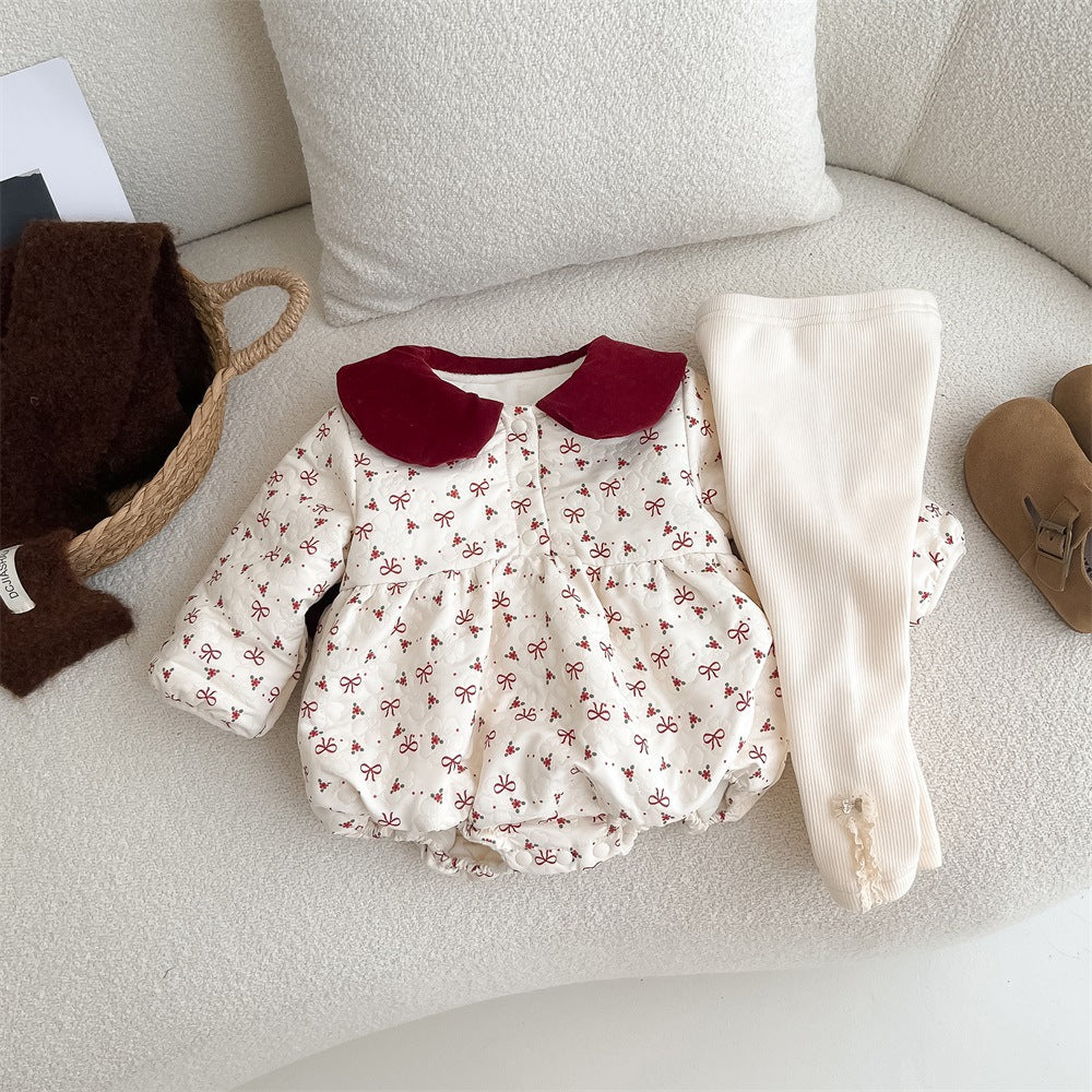 Autumn style baby gown newborn bow and velvet wrapped fart gown hundred day one month one year old baby dress