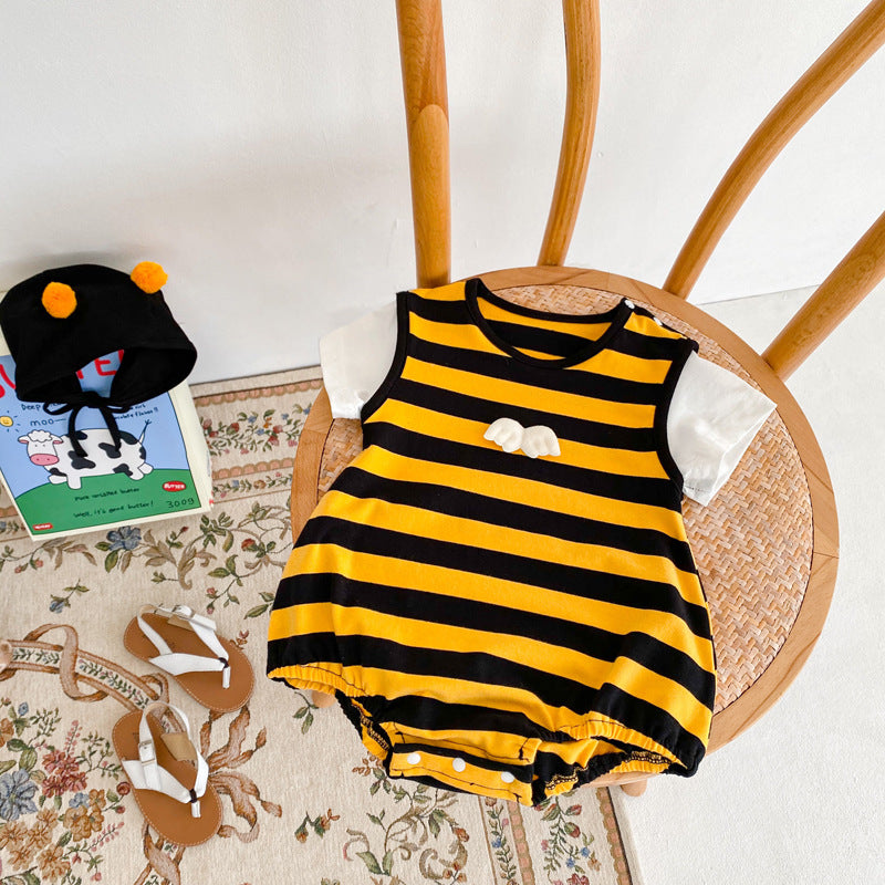 Summer Baby Onesie Small Wings Striped Female Baby Korean Version Hat Romper Children's Triangle Romper