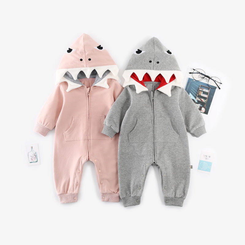 Spring and Autumn Cartoon Shark Baby One Piece Long Sleeve Hooded Baby Romper Full Open Zipper Jumpsuit