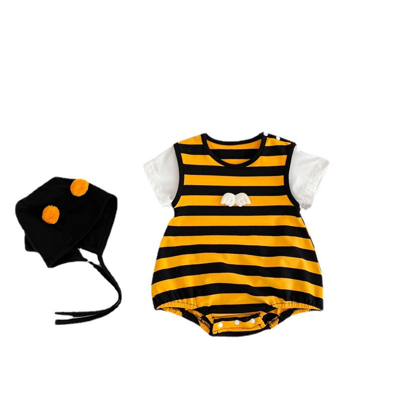 Summer Baby Onesie Small Wings Striped Female Baby Korean Version Hat Romper Children's Triangle Romper