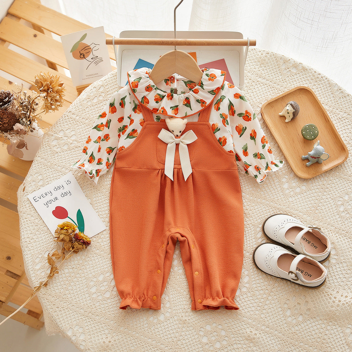 Baby Clothes Autumn New Baby Girl Small Floral Romper Long-Sleeved Bow Fake Two-Piece Baby Clothes