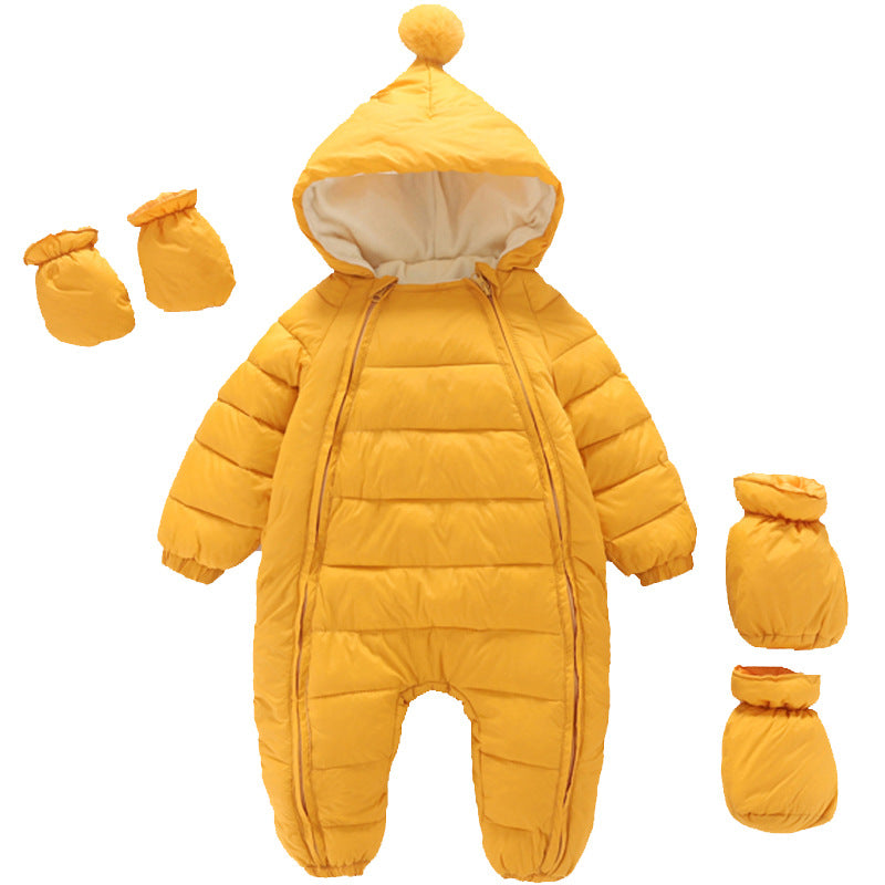 Winter Thickening Newborn Baby Siamese Down Cotton Romper Children's Clothing Baby Hooded Shoes