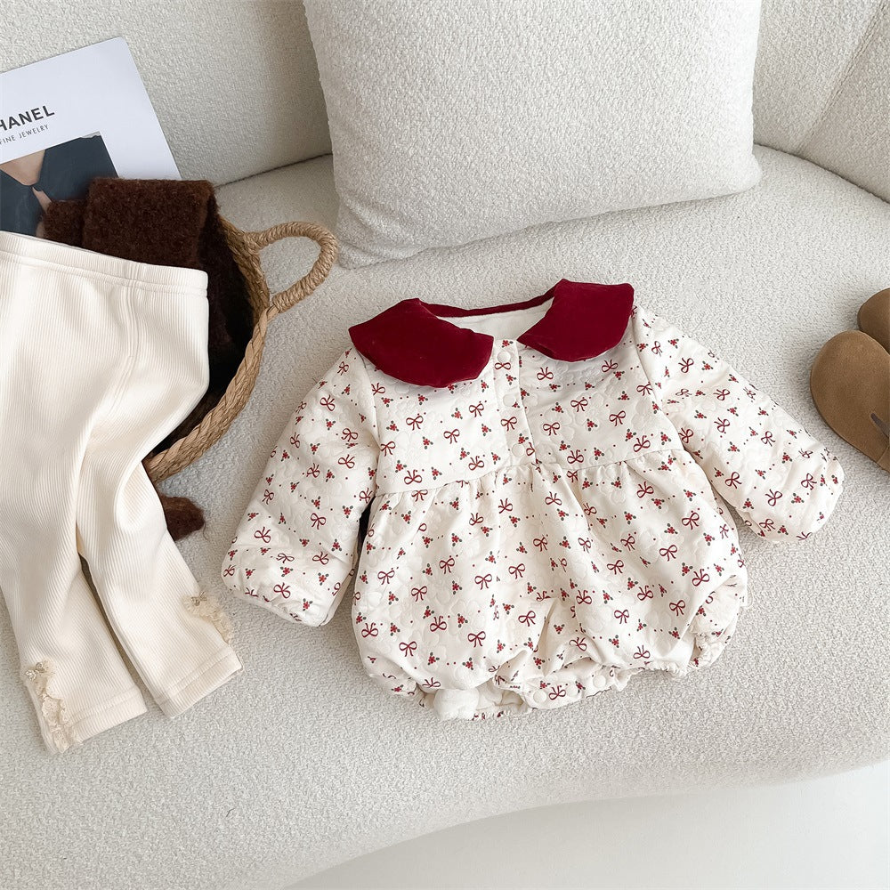 Autumn style baby gown newborn bow and velvet wrapped fart gown hundred day one month one year old baby dress