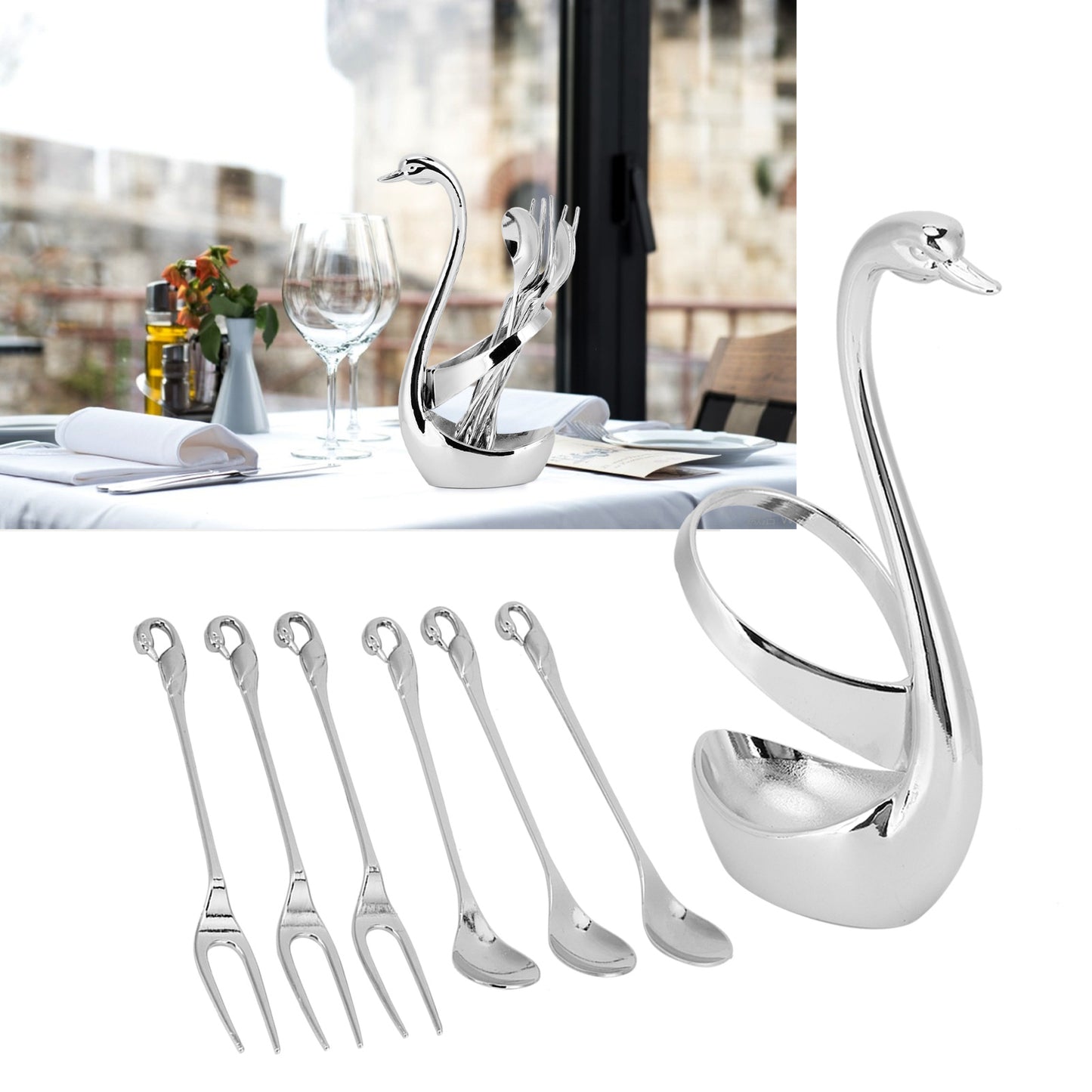 7Pcs/Set Zinc Alloy Dinnerware Swan Holder Tableware with 3 Spoons 3 Forks Home Decoration