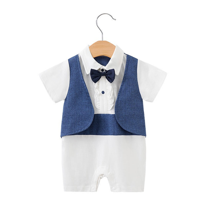 Newborn Baby Jumpsuit British Style Short Sleeved Male Baby Gentleman One Year Old Dress Baby Jumpsuit