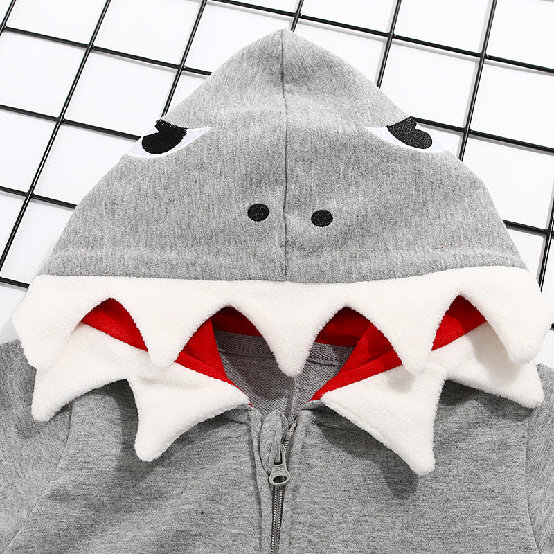 Spring and Autumn Cartoon Shark Baby One Piece Long Sleeve Hooded Baby Romper Full Open Zipper Jumpsuit