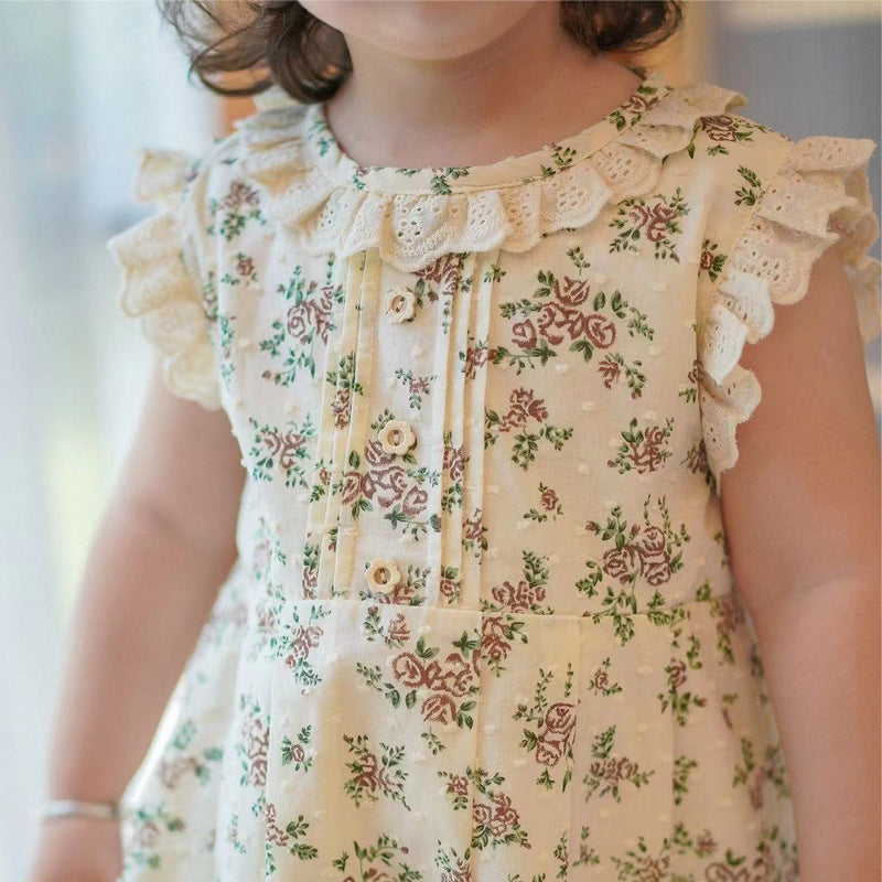 Retro Floral Baby Rompers Summer Cotton Side Flying Sleeves Cute Baby Girl Jumpsuit