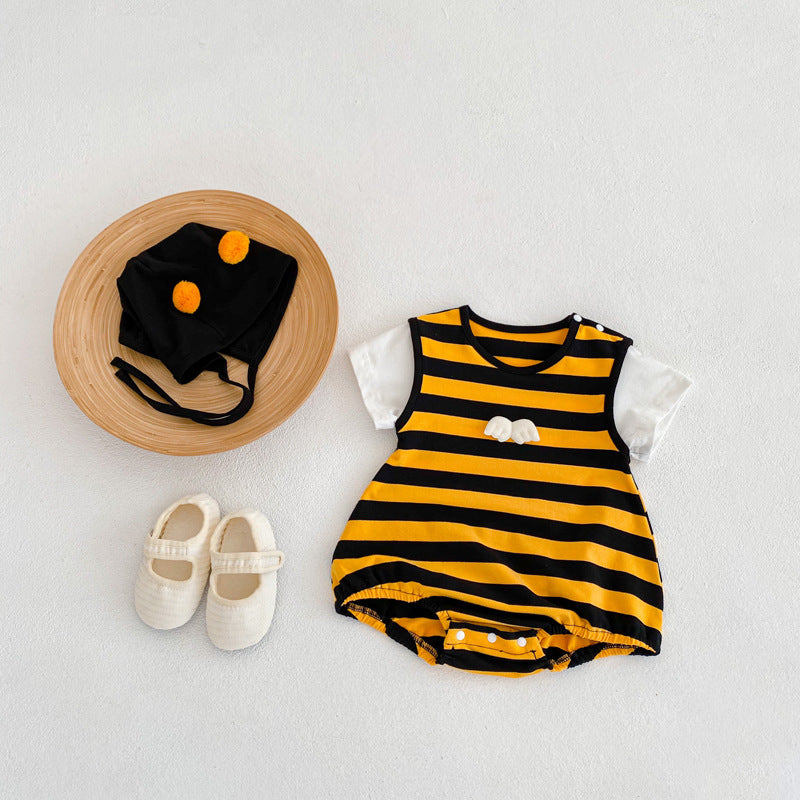 Summer Baby Onesie Small Wings Striped Female Baby Korean Version Hat Romper Children's Triangle Romper