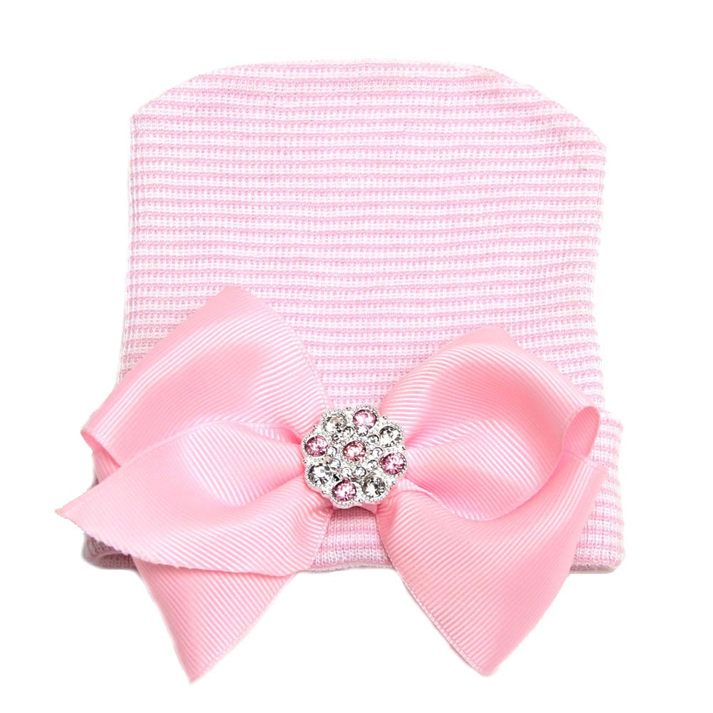 European and American Big Bow Glittering Diamond Pink Stripe Girl Baby Knitted Hat Newborn Baby Pullover Hat