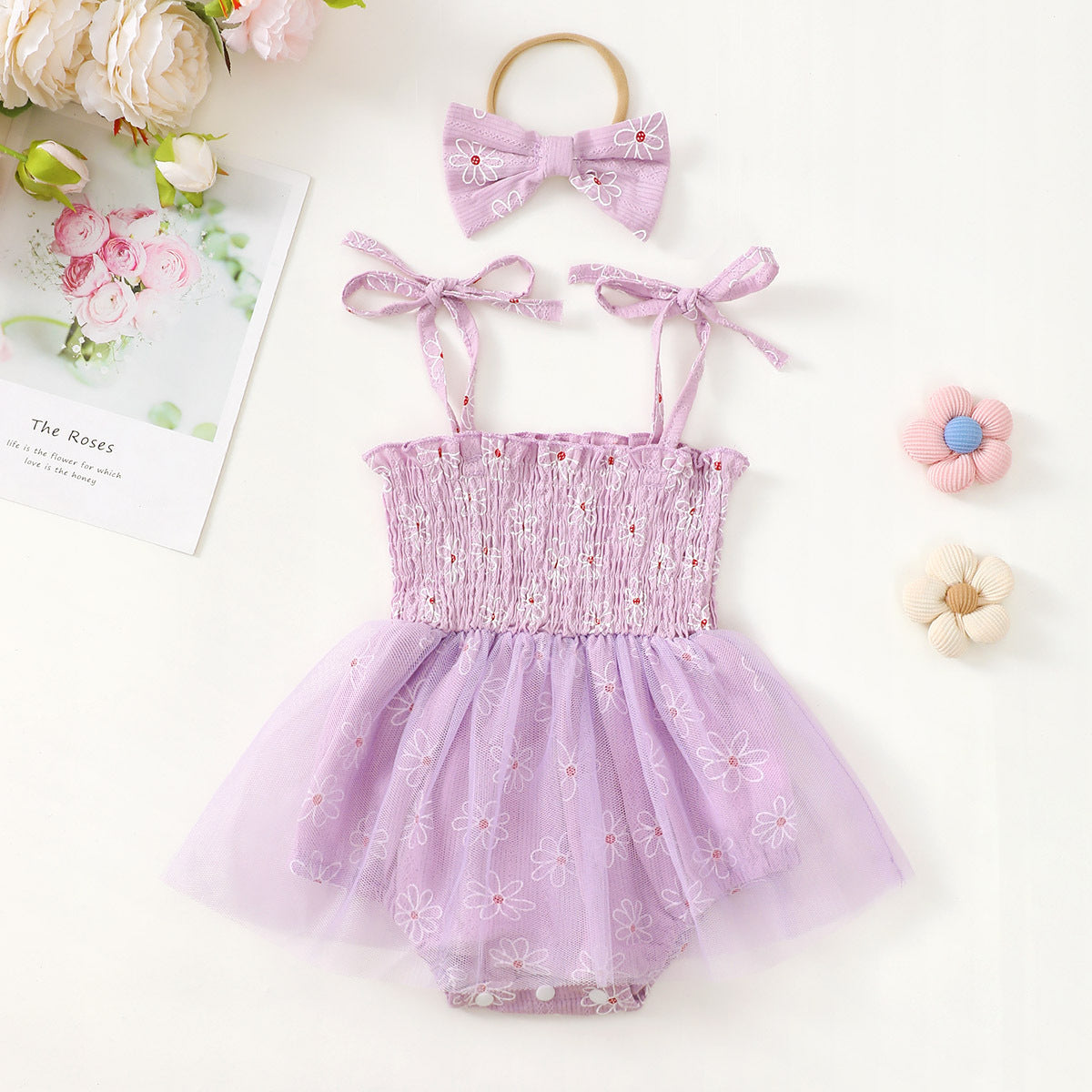 Baby Girl Mesh Camisole Princess Dress With Bowknot Headwear