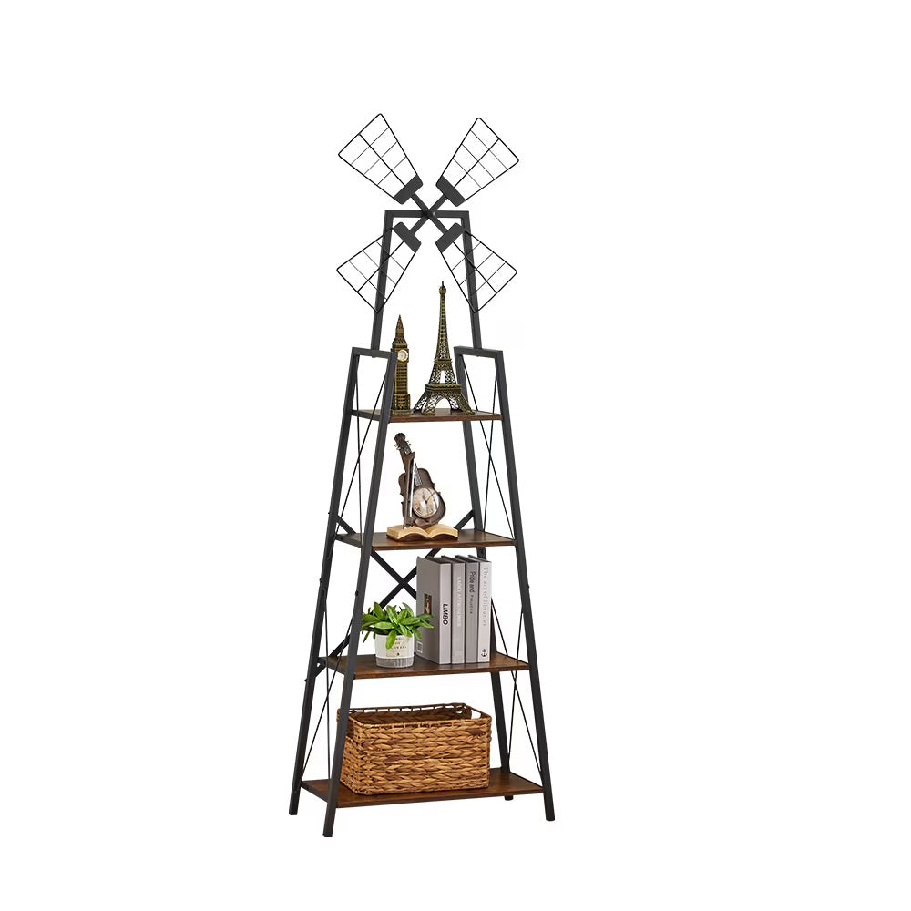 4-Tier Bookshelf,Display Storage Shelves With Metal Frame,Bookcase Organizer With Windmill For Living Room,Home Office