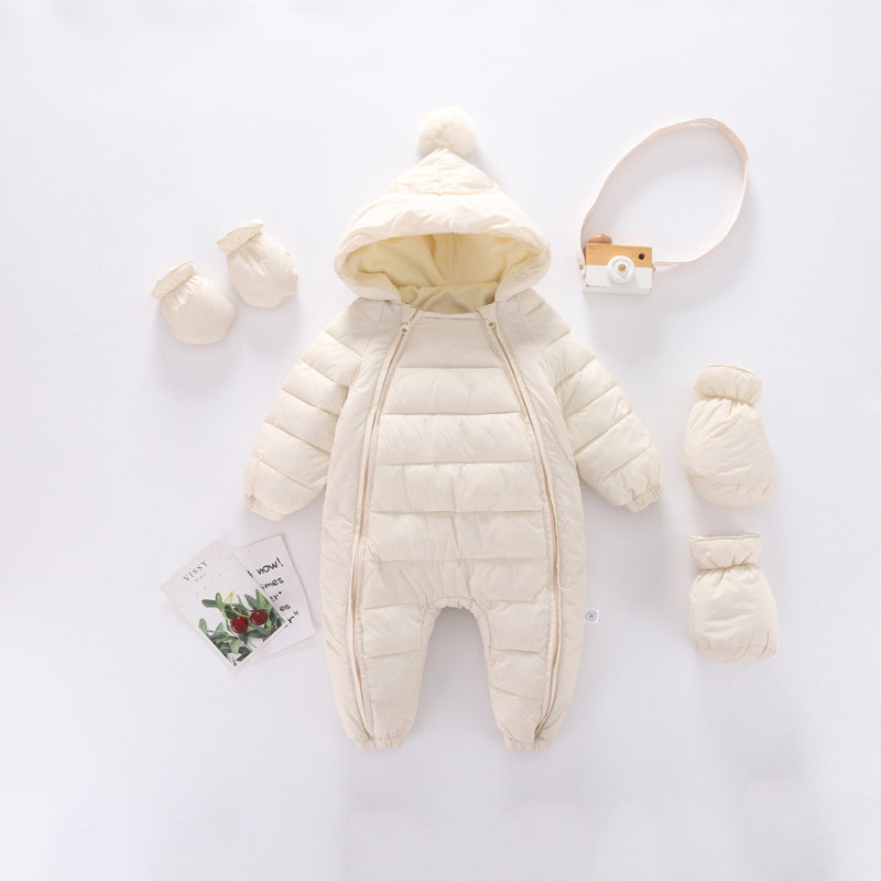 Winter Thickening Newborn Baby Siamese Down Cotton Romper Children's Clothing Baby Hooded Shoes