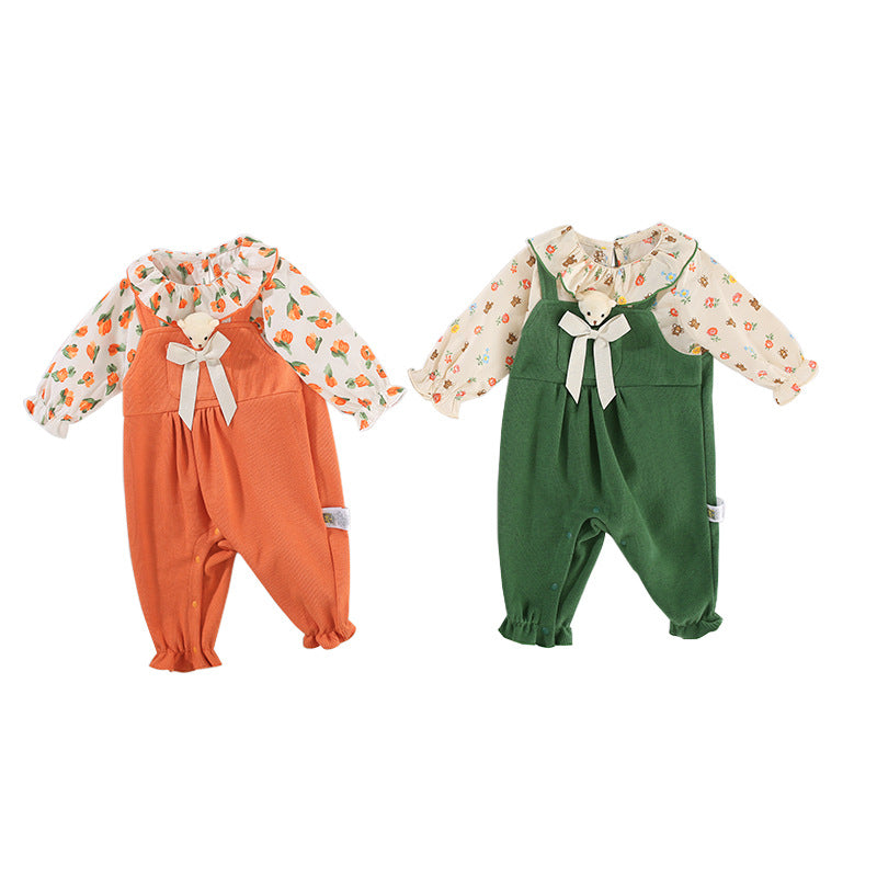 Baby Clothes Autumn New Baby Girl Small Floral Romper Long-Sleeved Bow Fake Two-Piece Baby Clothes