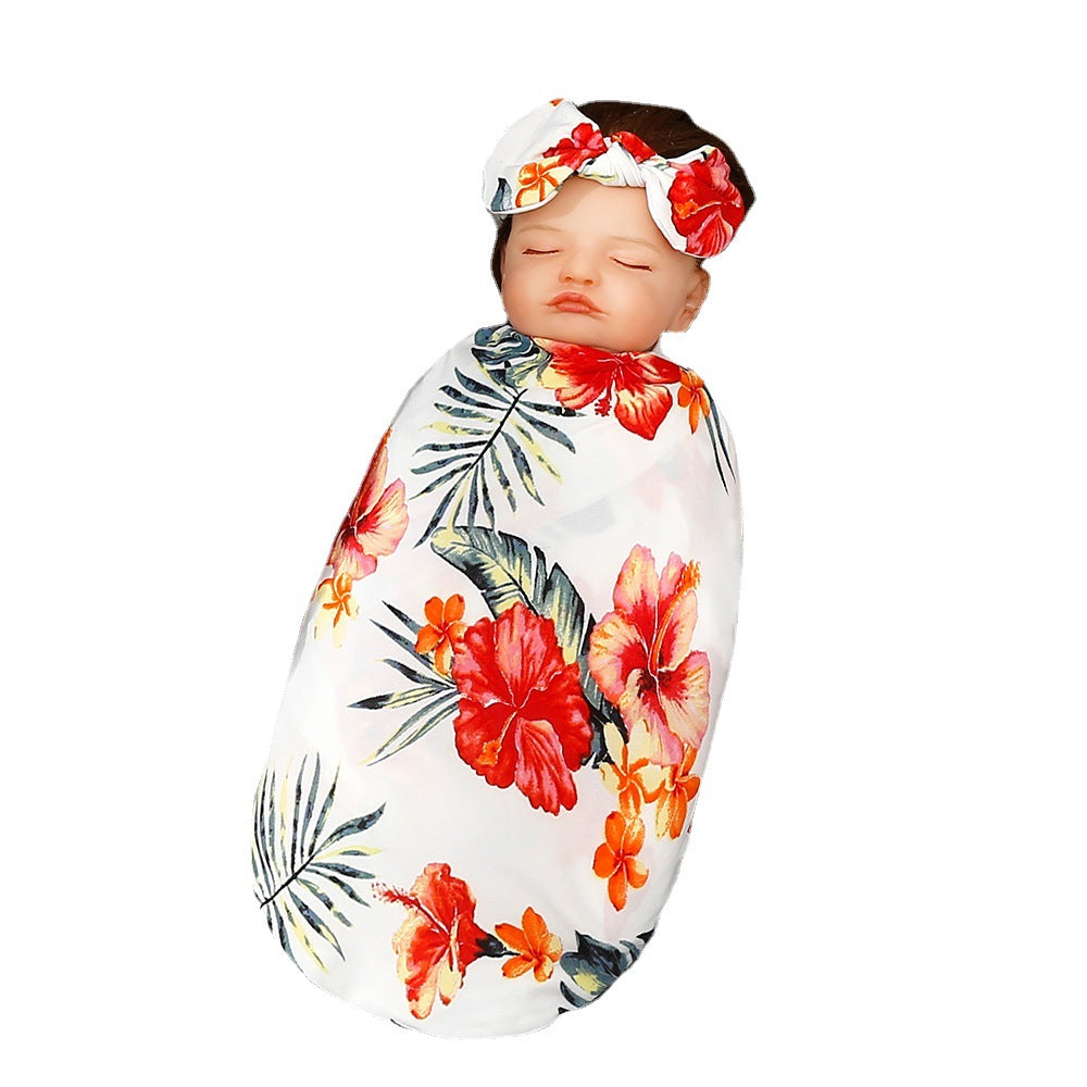 Newborn print wrap baby cap headband three-piece set baby print wrap baby swaddle set