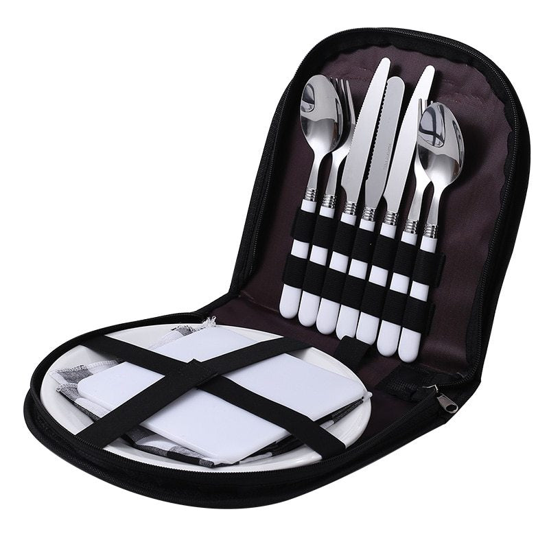 Outdoor Picnic Camping Tableware Fork Spoon Knife Bottle Opener Stainless Steel Foldable Pocket Tableware Set Hike Kitchen Tools