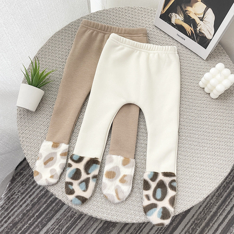 Autumn and winter baby baby can leopard print stitching plus velvet leggings cotton all-match pantyhose