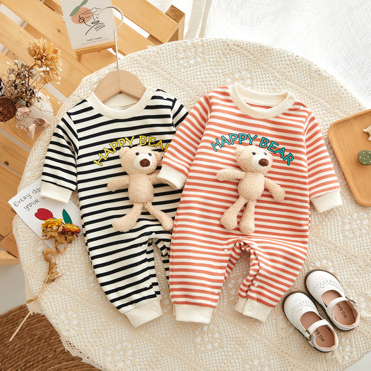 Baby Jumpsuit Autumn New Men And Women Baby Striped Three-Dimensional Bear Romper Long Sleeve Spring And Autumn Baby Clothes