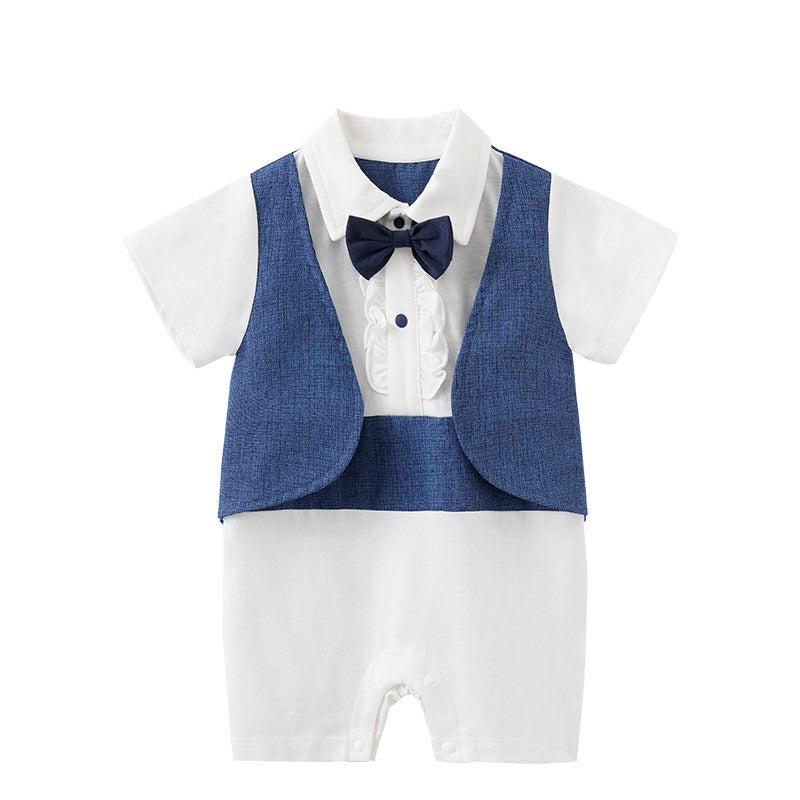 Newborn Baby Jumpsuit British Style Short Sleeved Male Baby Gentleman One Year Old Dress Baby Jumpsuit