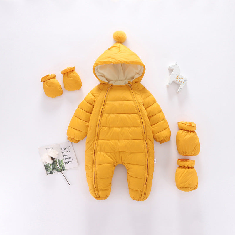 Winter Thickening Newborn Baby Siamese Down Cotton Romper Children's Clothing Baby Hooded Shoes