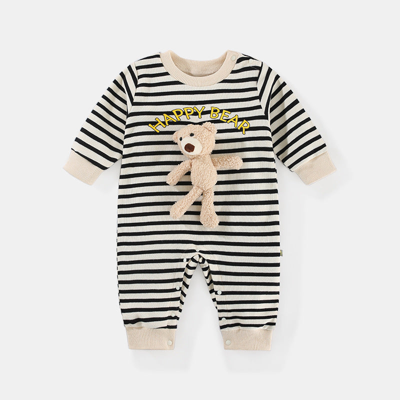 Baby Jumpsuit Autumn New Men And Women Baby Striped Three-Dimensional Bear Romper Long Sleeve Spring And Autumn Baby Clothes