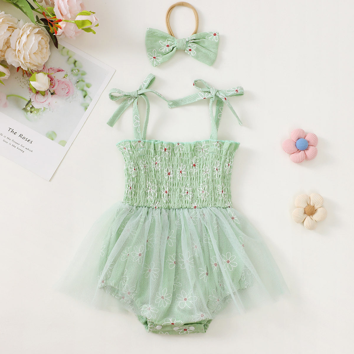 Baby Girl Mesh Camisole Princess Dress With Bowknot Headwear