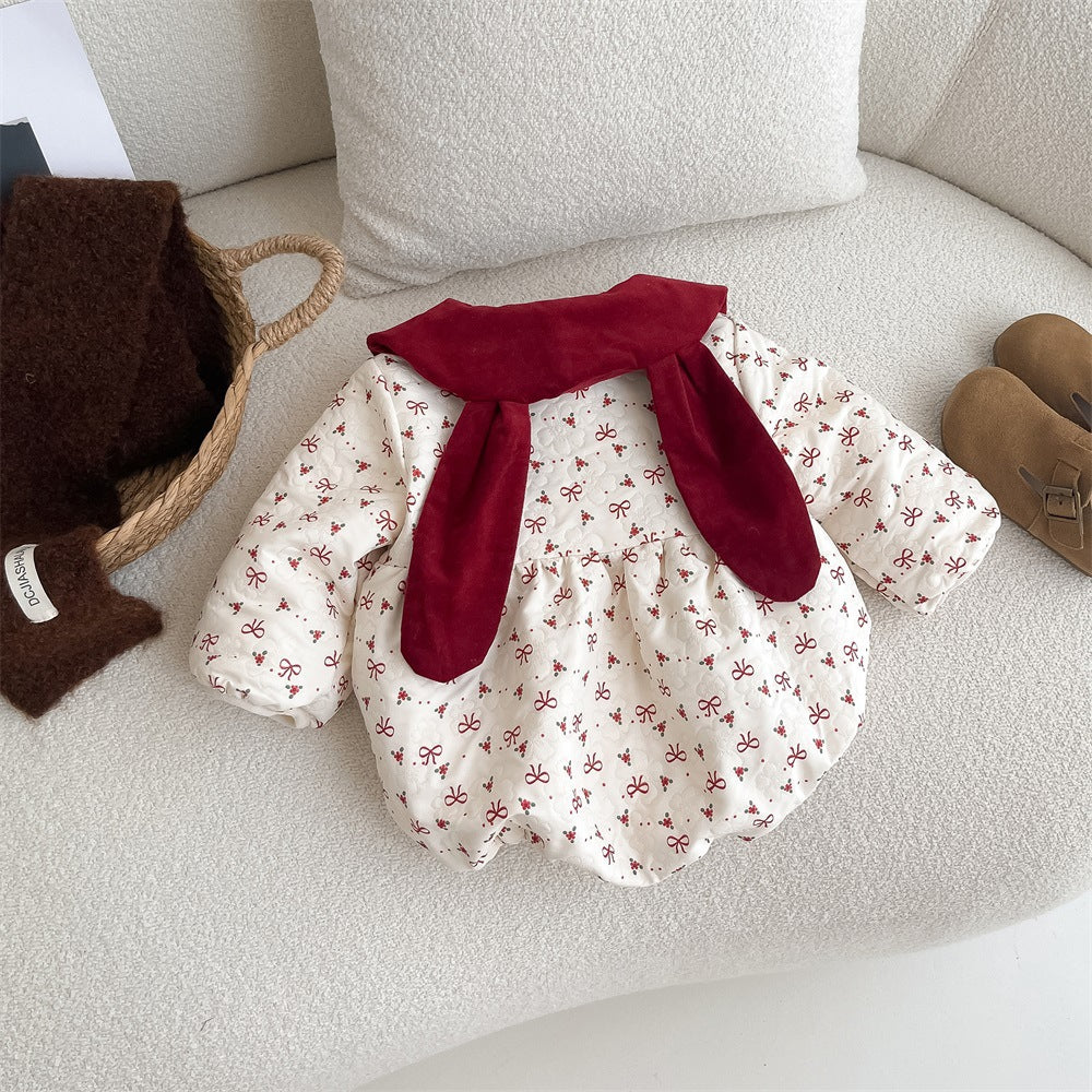 Autumn style baby gown newborn bow and velvet wrapped fart gown hundred day one month one year old baby dress