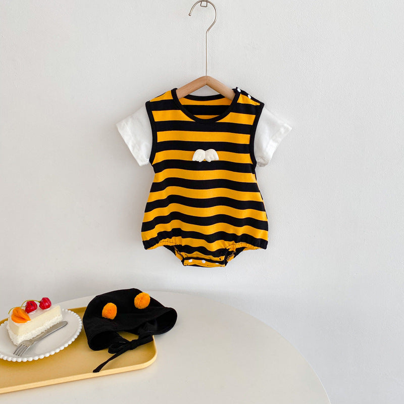 Summer Baby Onesie Small Wings Striped Female Baby Korean Version Hat Romper Children's Triangle Romper