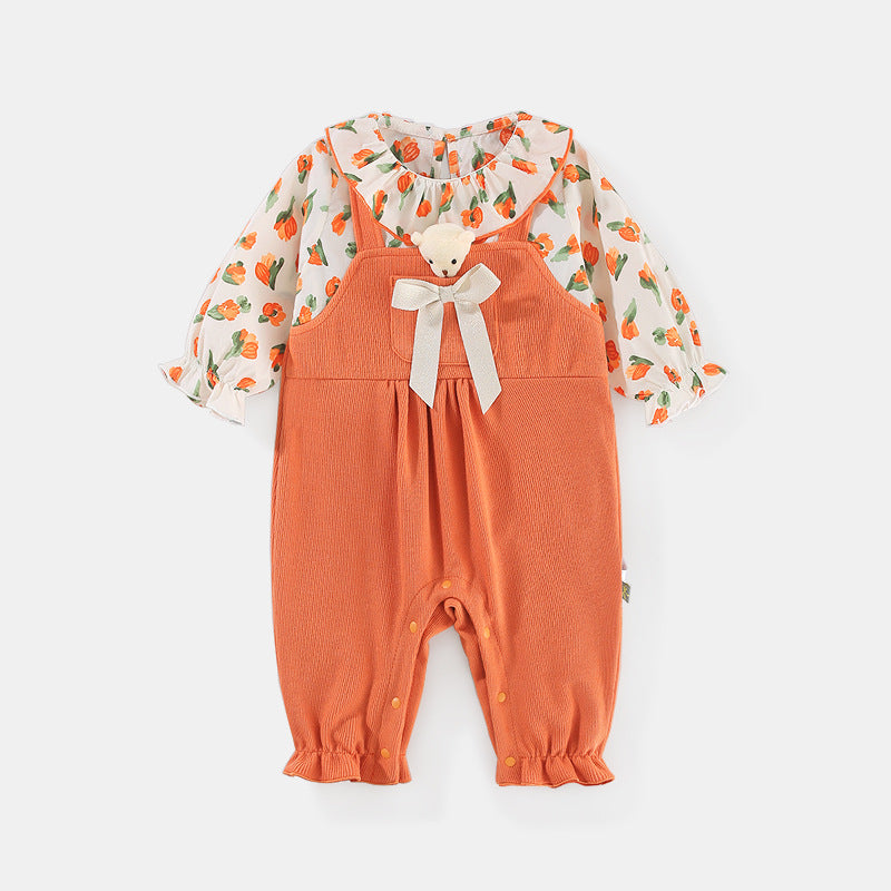 Baby Clothes Autumn New Baby Girl Small Floral Romper Long-Sleeved Bow Fake Two-Piece Baby Clothes