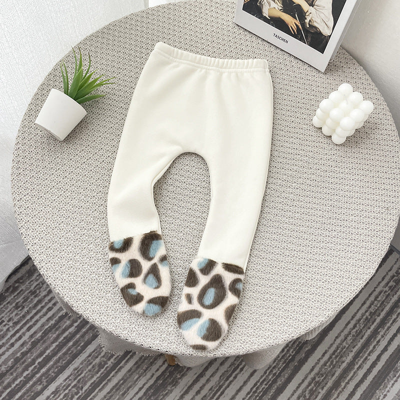 Autumn and winter baby baby can leopard print stitching plus velvet leggings cotton all-match pantyhose