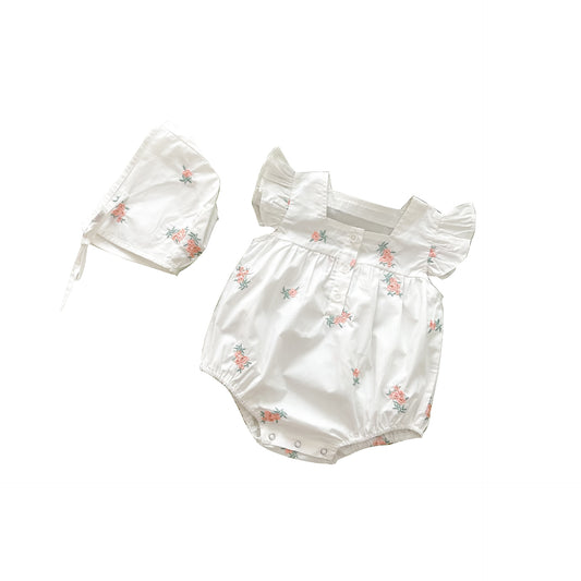 Summer Cotton Baby Flying Sleeve Romper Flower Embroidery Square-Neck Baby Girl's Jumpsuit Mori Romper