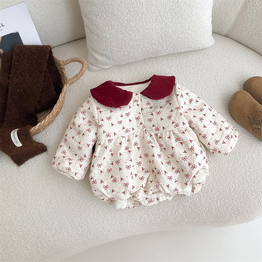 Autumn style baby gown newborn bow and velvet wrapped fart gown hundred day one month one year old baby dress