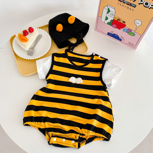 Summer Baby Onesie Small Wings Striped Female Baby Korean Version Hat Romper Children's Triangle Romper