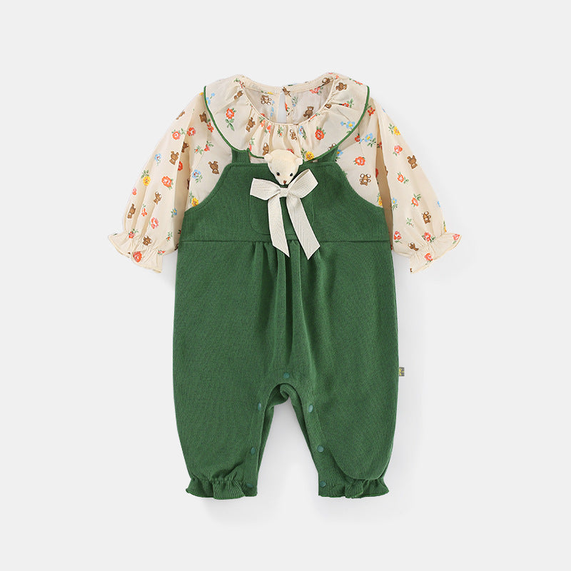 Baby Clothes Autumn New Baby Girl Small Floral Romper Long-Sleeved Bow Fake Two-Piece Baby Clothes